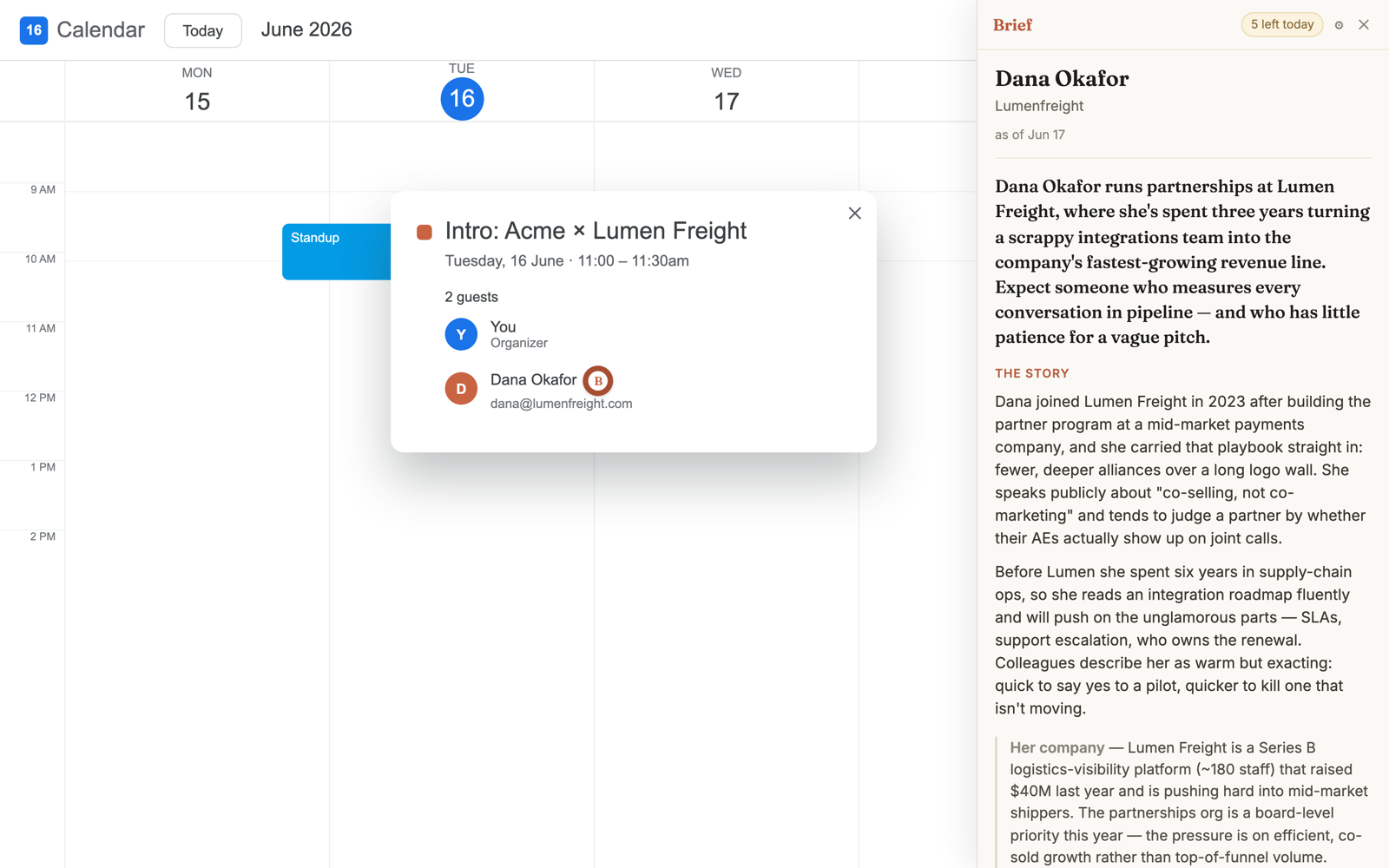 The Brief chip beside an external guest in a Google Calendar event, with a briefing in a side panel.